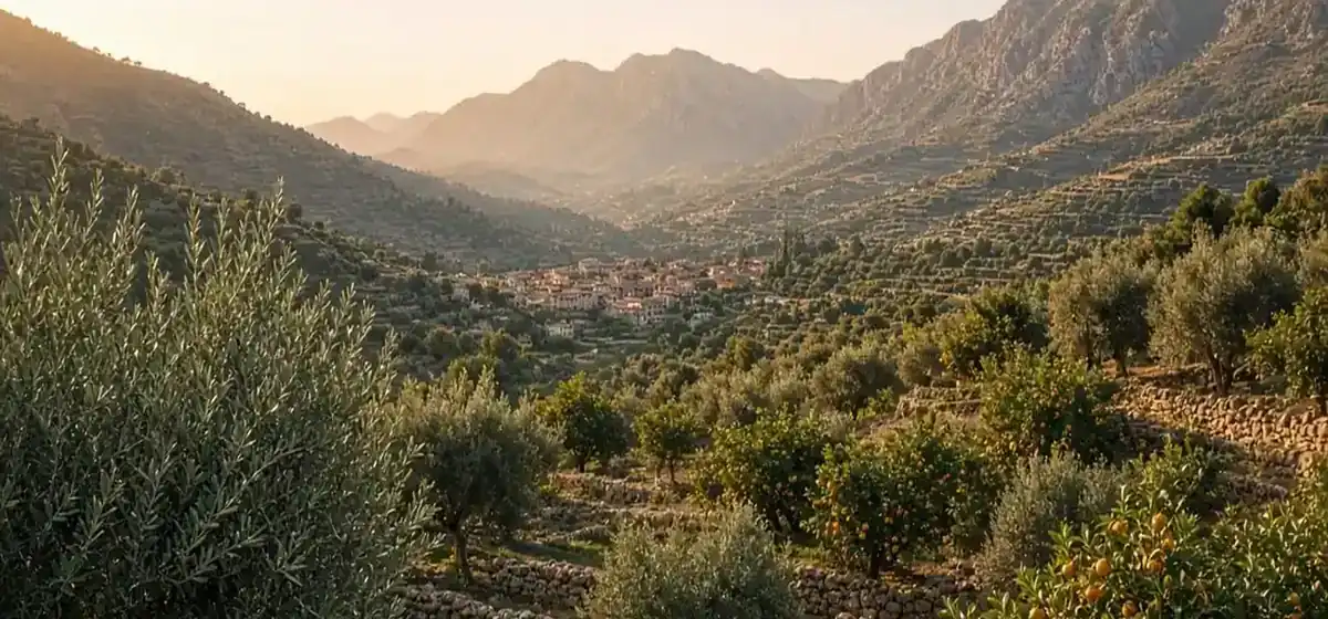 Olive grove rows at dusk